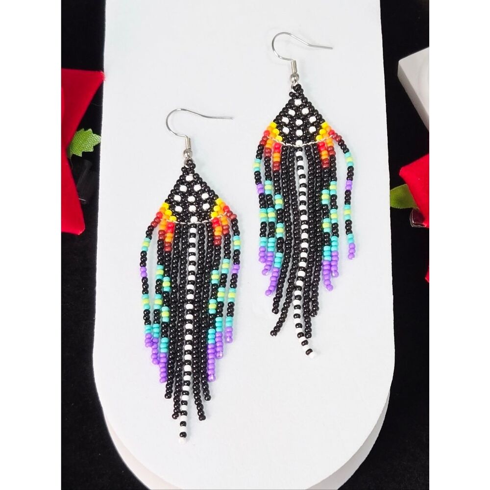 Black Tribal Beaded Fringe Earrings Chandelier Southwest Boho Dangle Festival - Picture 2 of 3